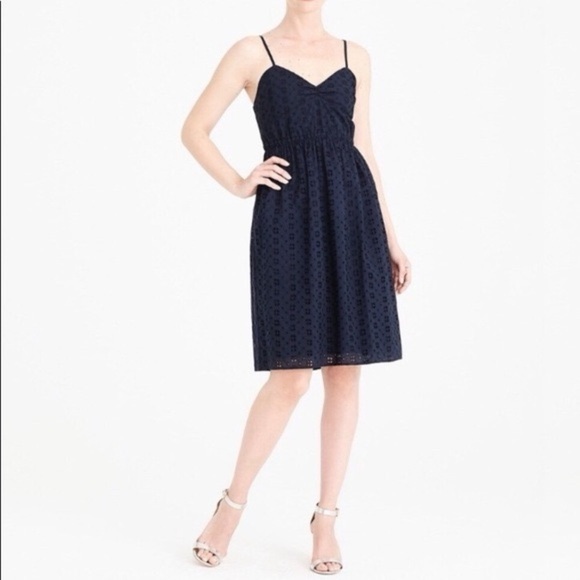 J. Crew Factory Navy Eyelet Tie Shoulder Cami Mini Dress S Preppy Summer Grad - Picture 1 of 10